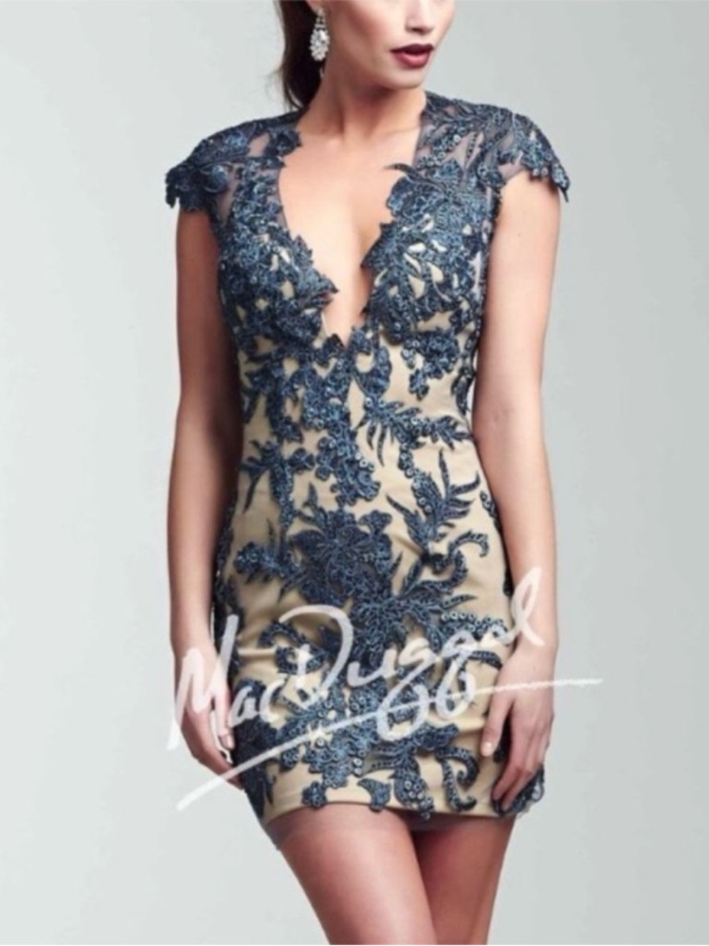Mac Duggal Royal Blue Illusion Crystal Embroidered Open Back Mini Dress